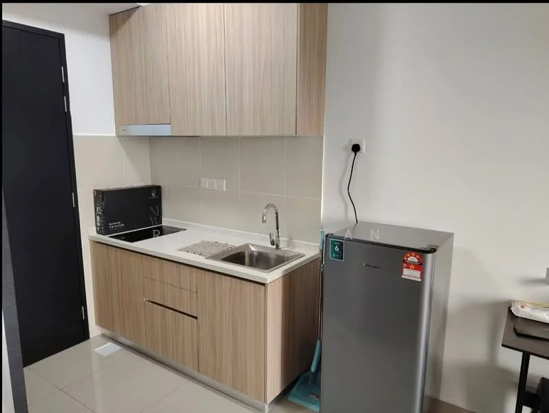Kitchen features: laminate cabinetry in light wood finish, white quartz countertop, single-bowl stainless-steel sink, chrome pull-down faucet, built-in stove with hood, black backsplash, fridge, tile flooring, wall-mounted electrical outlets, kitchen towel rack; style: modern.