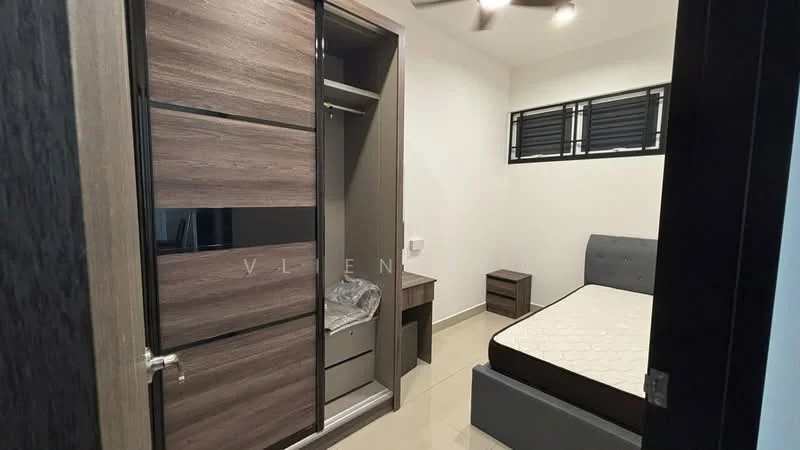 Bedroom features: queen-size bed, upholstered headboard, built-in wardrobe with sliding doors, wooden bedside table, desk with chair, ceiling fan, tile flooring, white painted walls, window with black grille, light fixture on ceiling; style: modern.