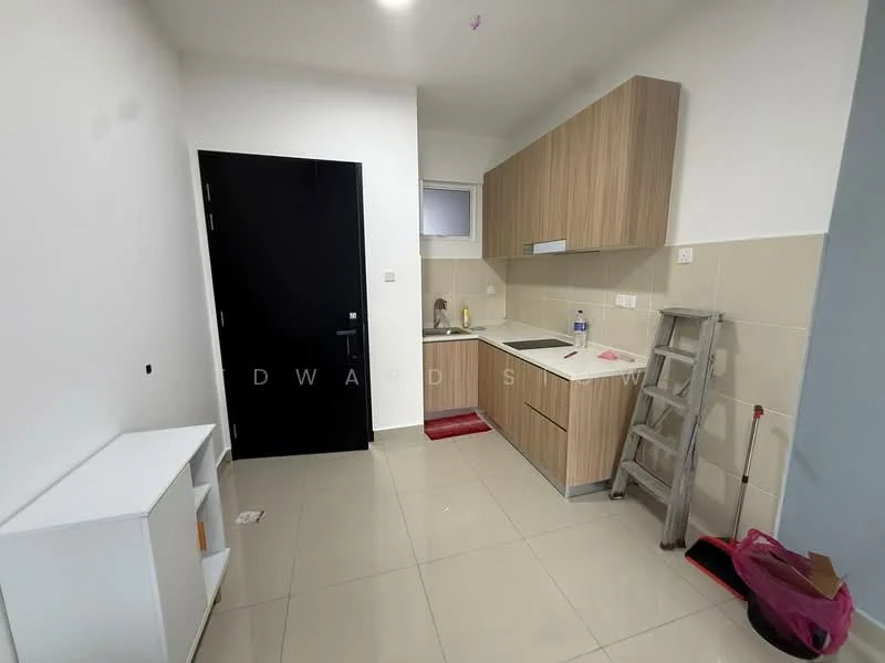 Kitchen features: light wood cabinetry, white countertop, single-bowl stainless-steel sink, chrome pull-down faucet, built-in stove, tile backsplash, ceramic tile flooring, recessed downlights, window above sink, ladder against wall, black door, white shelving unit, red kitchen mat; style: modern.