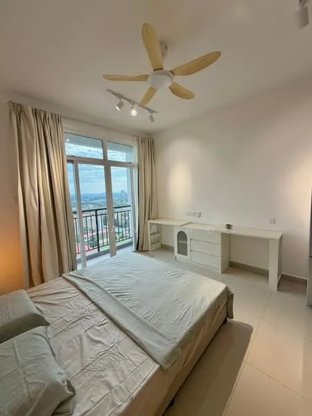 Bedroom features: king-size bed, upholstered headboard, 2 bedside lamps, built-in wardrobe, ceiling fan with light, floor-to-ceiling windows, sliding glass door, curtains, neutral wall color, tile flooring, desk with drawers, decorative wall art; style: modern; view: city.