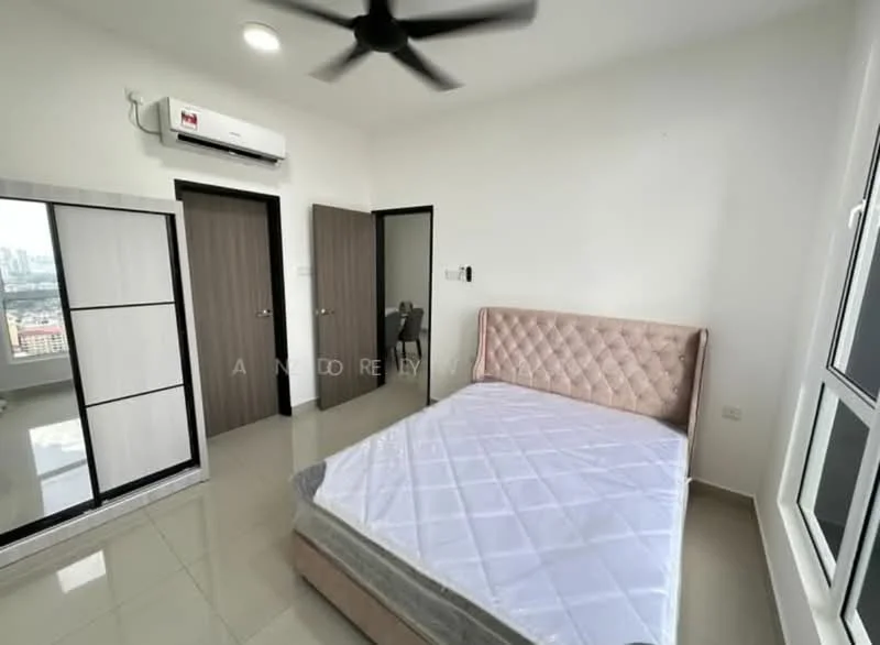 Bedroom features: queen-size bed, upholstered headboard, wall-mounted split AC, 5-blade ceiling fan, floor-to-ceiling windows, white painted walls, glossy tile flooring, built-in wardrobe with sliding doors, decorative mirror, natural light from window; style: modern; view: city.