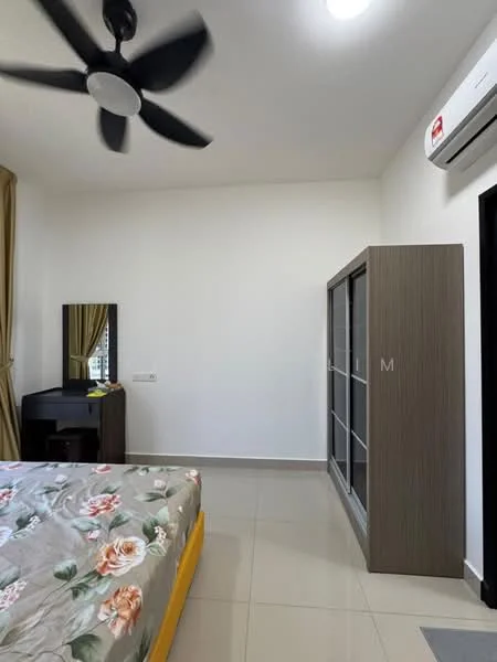 Bedroom features: queen-size bed with floral bedding, wall-mounted split AC, 5-blade ceiling fan, light fixture on ceiling, floor-to-ceiling window with sheer curtains, wooden wardrobe with sliding doors, wooden dressing table, mirror on dressing table, cream painted walls, light-colored tiled flooring; style: modern; view: city.