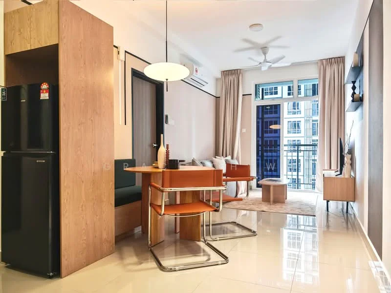 Living features: grey wall, light wood cabinetry, black fridge, round white pendant light, 5-blade ceiling fan, dining table with orange chairs, sofa with cushions, floor-to-ceiling windows, curtains, area rug, decorative wall art; style: modern; view: city.