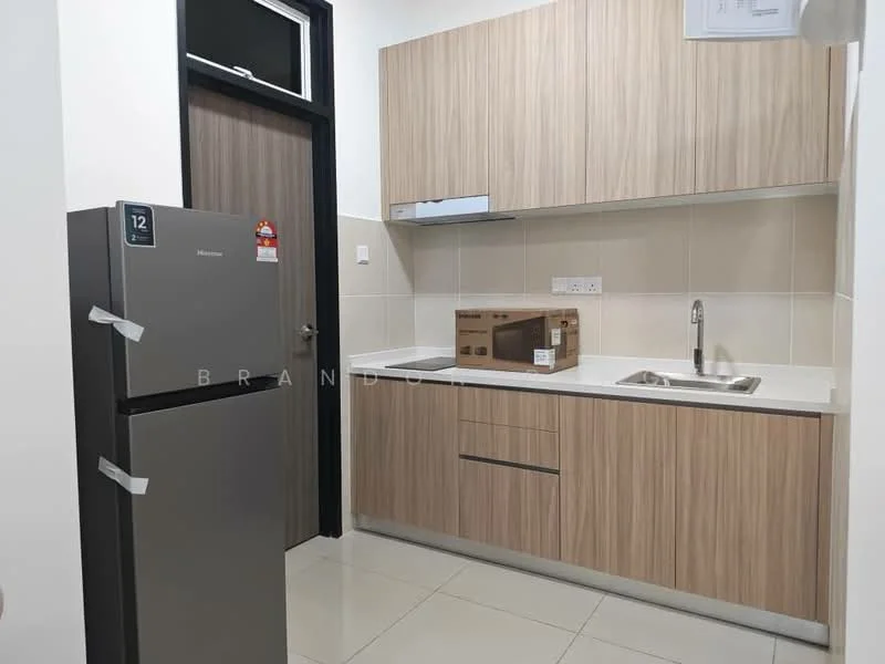 Kitchen features: stainless-steel fridge, single-bowl stainless-steel sink, chrome pull-down faucet, laminate countertop, wood cabinetry, built-in oven, ceramic tile backsplash, under-cabinet lighting, wall-mounted range hood, neutral tile flooring; style: modern.