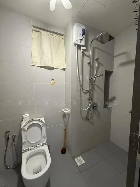 Bathroom features: white ceramic toilet, handheld shower, rain shower head, wall-mounted shower mixer, grey ceramic tile flooring, grey wall tiles, shower niche, curtain for window, towel rack; style: modern.