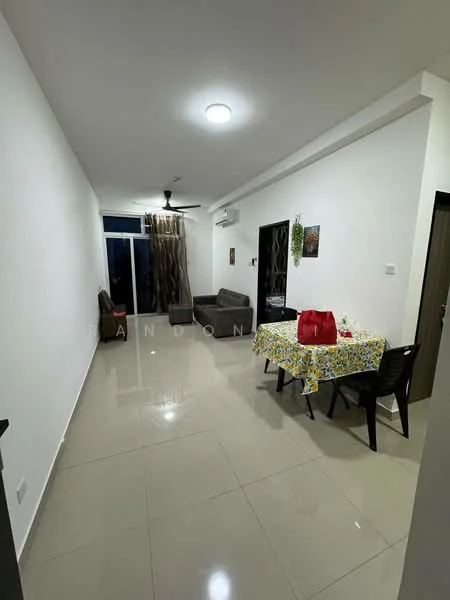 Living features: white painted walls, glossy ceramic tile flooring, recessed downlights, 5-blade ceiling fan with light, floor-to-ceiling windows, sliding glass door, curtains, sofa in grey fabric, dining table with floral tablecloth, black dining chairs, decorative wall art; style: modern.