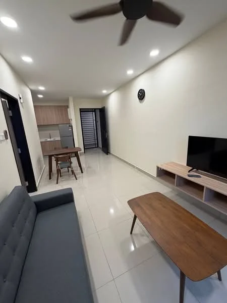 Living features: grey fabric sofa, wood coffee table, TV console, wall-mounted TV, recessed LED downlights, ceiling fan, cream painted walls, glossy tile flooring, clock on wall, open kitchen view; style: modern.