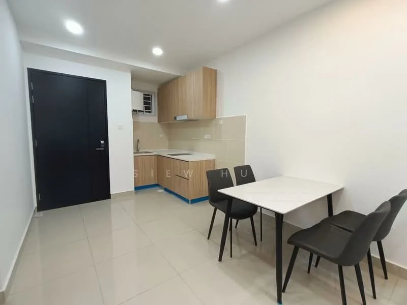 Kitchen features: light wood cabinetry, white countertop, single-bowl stainless-steel sink, chrome pull-down faucet, built-in oven, ceramic tile flooring, white tiled backsplash, recessed downlights, floor-to-ceiling cabinet, dining table with four black chairs; style: modern.