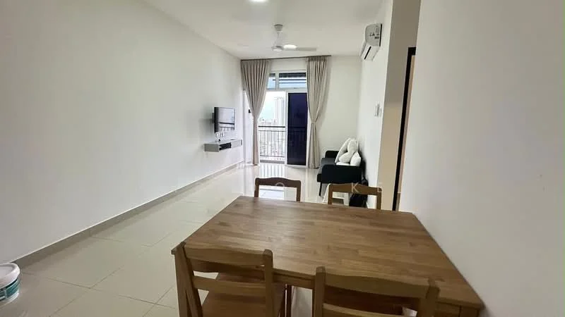 Living features: white painted walls, glossy tile flooring, 5-blade ceiling fan with light, floor-to-ceiling windows, sliding glass door, curtains, wall-mounted TV, TV console, sofa in black, dining table with 4 chairs, decorative throw pillows; style: modern; view: city.