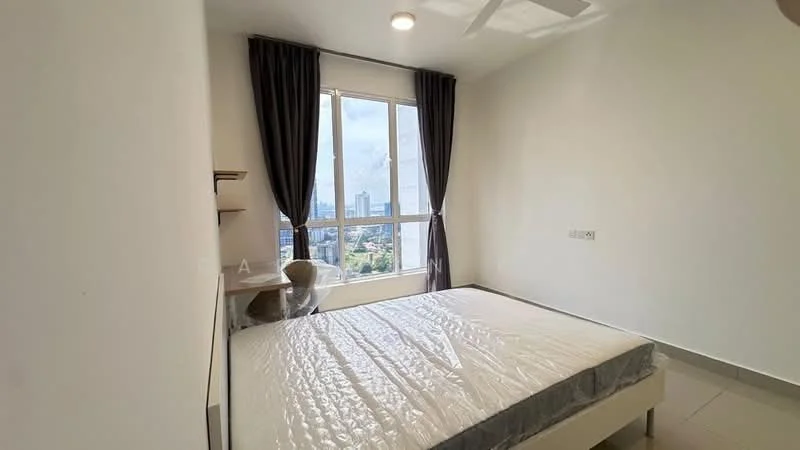 Bedroom features: queen-size bed, white painted walls, light-colored tile flooring, floor-to-ceiling windows, blackout curtains, ceiling fan, study desk, shelf unit; style: modern; view: city.