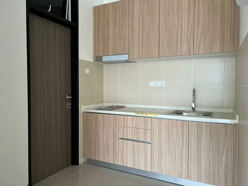 Kitchen features: light wood cabinetry, white countertop, single-bowl stainless-steel sink, chrome pull-down faucet, built-in stove with two burners, tile backsplash, cream tiled walls, glossy floor tiles, door leading to another room; style: modern.