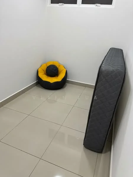 Room features: white painted walls, glossy ceramic tile flooring, single window with no treatments, yellow and black bean bag chair, grey mattress leaning against the wall.