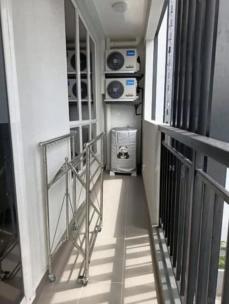 Room features: balcony, floor-to-ceiling sliding glass door, grey tiled flooring, 2 wall-mounted split AC units, metal drying rack, cylindrical water tank, black metal railing, white walls, overhead ceiling light; style: modern.