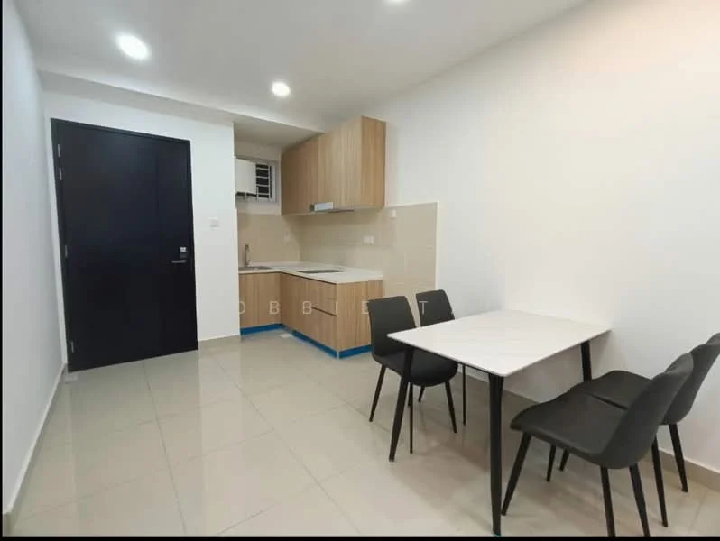 Kitchen features: light wood cabinetry, white countertop, single-bowl stainless-steel sink, chrome pull-down faucet, built-in oven, stainless-steel range hood, ceramic tile backsplash, recessed LED downlights, white painted walls, tile flooring, dining table with four chairs; style: modern.