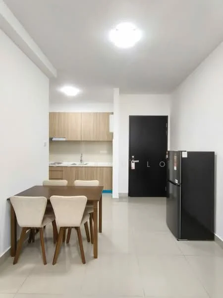 Kitchen features: white painted walls, light wood cabinetry, stainless-steel fridge, single-bowl stainless-steel sink, chrome pull-down faucet, ceramic tile flooring, recessed downlights, open shelving, kitchen countertop, built-in oven, freestanding dining table, upholstered dining chairs; style: modern.