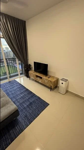 Living features: grey fabric sofa, wooden TV console, wall-mounted TV, blue area rug, large sliding glass door, floor-to-ceiling curtains, white painted walls, glossy tile flooring, air purifier, view of city skyline; style: modern; view: city.