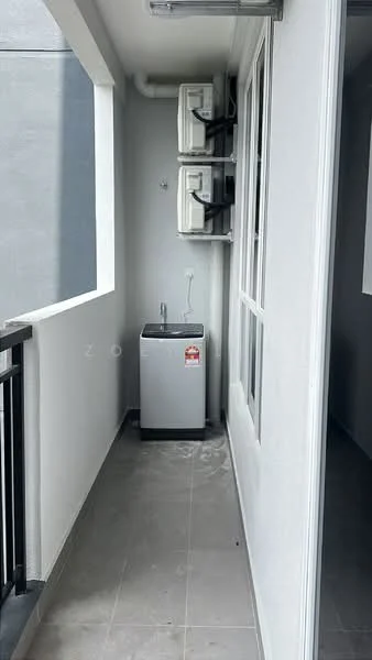Laundry features: washing machine, 2 wall-mounted split AC units, grey tiled flooring, white painted walls, window with view to outside, balcony railing, drainage pipe, light fixture; style: modern.