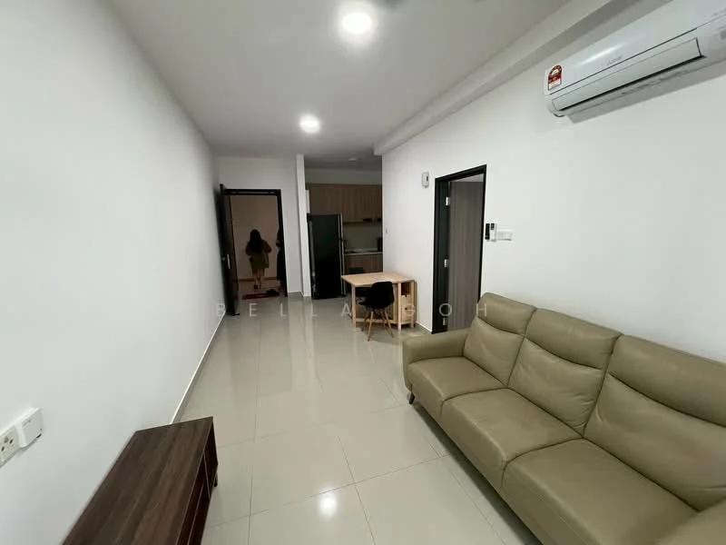 Living features: cream leather sofa, wall-mounted air conditioning unit, white painted walls, glossy tile flooring, dining table with chairs, wooden TV console, recessed ceiling lights, open layout to kitchen, doorway leading to hallway, kitchen area visible in background; style: modern.