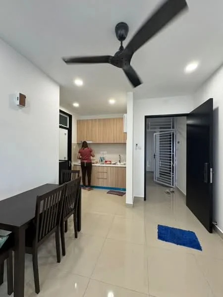 Kitchen features: wood cabinetry, white countertop, stainless-steel sink, chrome pull-down faucet, built-in oven, freestanding range oven, refrigerator, tile backsplash, recessed downlights, wall-mounted split AC, floor-to-ceiling windows, ceramic tile flooring, 5-blade ceiling fan; style: modern. Dining features: 6-seater dining table, wooden dining chairs, area rug; style: modern. Hallway features: white painted walls, ceramic tile flooring, door to exterior; style: modern.
