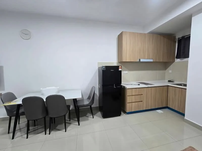 Kitchen features: white painted walls, light grey floor tiles, wood cabinetry, black refrigerator, white countertop, built-in stove, kitchen sink, dining table with 4 grey upholstered chairs, window with black curtain; style: modern.