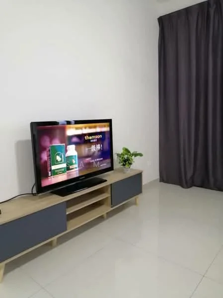 Living features: white painted walls, glossy tile flooring, TV console with storage, wall-mounted TV, dark grey curtains, decorative plant, LED lighting, neutral color scheme; style: modern.