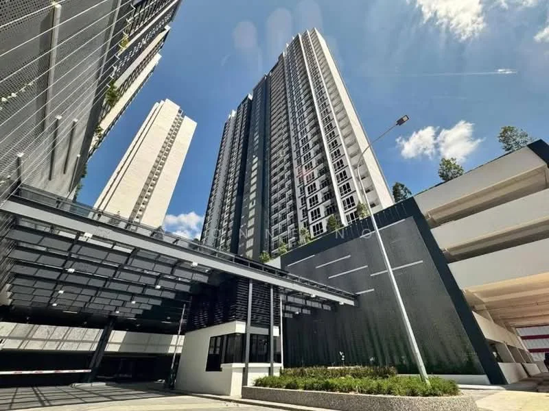 Exterior type: high-rise condominium; features: glass curtain wall, metal cladding, approximately 30-storey high-rise, covered entrance with awning, landscaped garden area, surrounded by mature greenery, multi-storey car park, security guard house at entrance; style: modern.