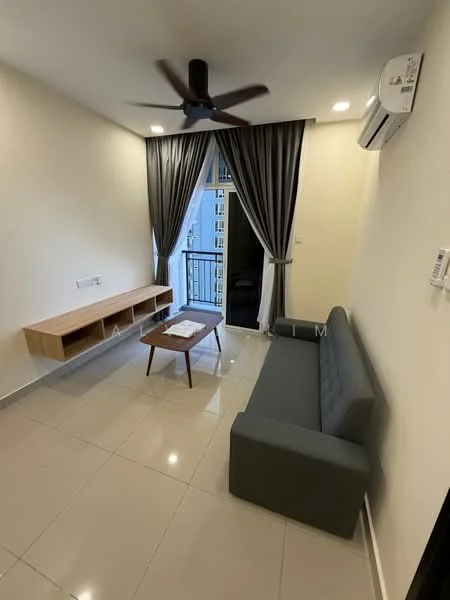 Living features: grey fabric sofa, wooden coffee table, wall-mounted TV console, floor-to-ceiling windows, blackout curtains, 5-blade ceiling fan, wall-mounted air conditioning unit, glossy ceramic tile flooring, neutral painted walls; style: modern; view: city.