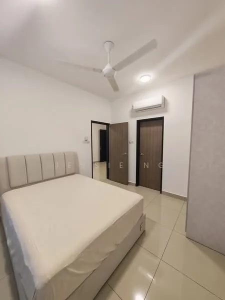 Bedroom features: queen-size bed with upholstered headboard, light-colored bedding, 2 doors leading to other rooms, wall-mounted split AC, ceiling fan, light fixture in ceiling, cream painted walls, glossy tile flooring, built-in wardrobe, neutral color scheme; style: modern.