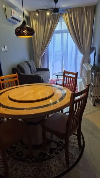Dining features: round dining table with marble top, 4 wooden dining chairs, area rug with geometric pattern, wall-mounted TV, sofa in grey fabric, floor-to-ceiling windows with sheer curtains, ceiling fan, air conditioning unit, decorative pendant light, light grey painted walls, light-colored flooring; style: modern.