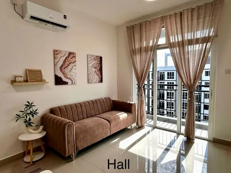 Room features: 3-seater fabric sofa in beige, floor-to-ceiling windows, sheer curtains, wall-mounted split AC, decorative wall art, light-colored walls, glossy tile flooring, balcony access; style: modern; view: city.