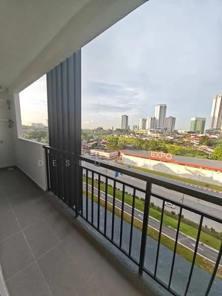 Room features: grey tiled flooring, balcony with railing, floor-to-ceiling windows, city skyline view, exterior wall with vertical fins, outdoor space, concrete ceiling, light grey wall; style: modern; view: city.