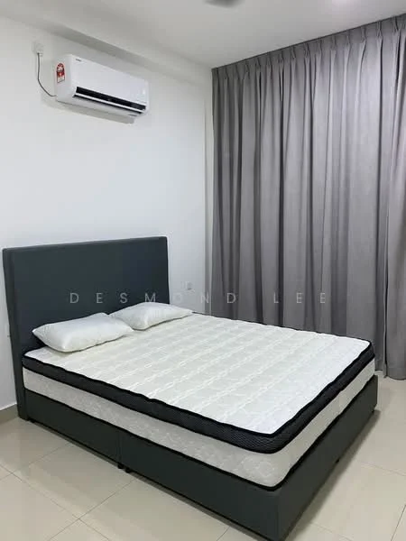 Bedroom features: queen-size bed with grey upholstered headboard, white bedding, 2 white pillows, light grey curtains, wall-mounted split AC unit, cream tiled flooring, white painted walls, no visible decor; style: modern.
