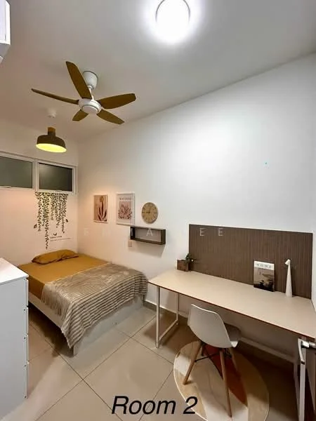Bedroom features: queen-size bed with beige bedding, wooden headboard, 2 bedside lamps, study desk with light-colored tabletop, white chair, wall-mounted shelf, decorative wall art, ceiling fan with wooden blades, recessed ceiling light, cream painted walls, tile flooring; style: modern.