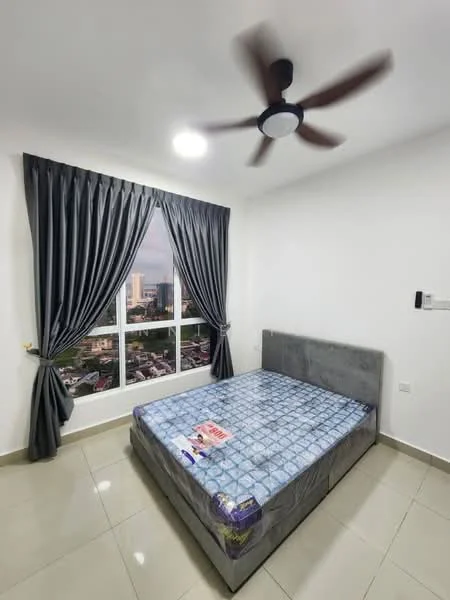 Bedroom features: queen-size bed, upholstered headboard, 5-blade ceiling fan with light, floor-to-ceiling window, grey curtains, white painted walls, glossy tile flooring, city view; style: modern; view: city.