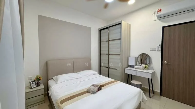 Bedroom features: queen-size bed with beige upholstered headboard, white bedding with decorative throw, light wood bedside table, built-in wardrobe with sliding doors, white desk with round mirror, wall-mounted air conditioning unit, light-colored walls, recessed ceiling lights, laminate flooring; style: modern.