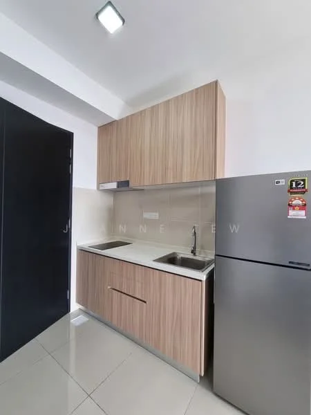 Kitchen features: laminate cabinetry in wood finish, white quartz countertop, single-bowl stainless-steel sink, chrome pull-down faucet, built-in refrigerator, ceramic tile flooring, recessed LED downlights, grey backsplash, wall-mounted kitchen cabinets; style: modern.