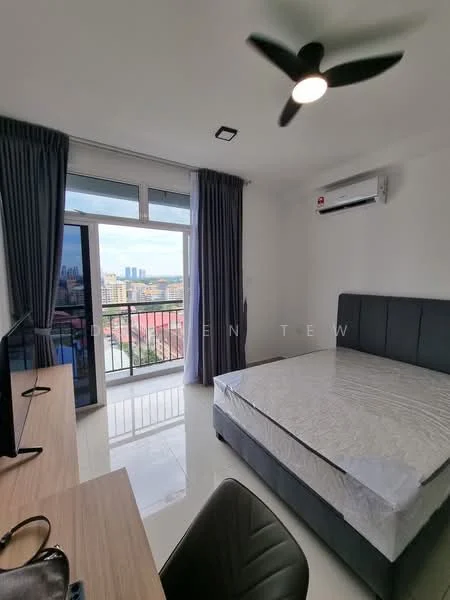 Bedroom features: queen-size bed, upholstered headboard, floor-to-ceiling windows, sliding glass door, grey curtains, 5-blade ceiling fan with light, wall-mounted split AC, wooden desk, black office chair, TV console, white painted walls, glossy tile flooring; style: modern; view: city.