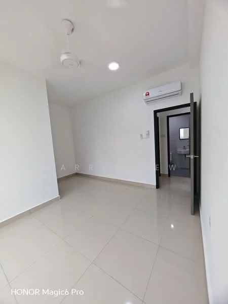 Room features: white painted walls, glossy ceramic tile flooring, ceiling fan, wall-mounted split AC, recessed downlights, doorway leading to another room, large window, neutral color scheme; style: modern.
