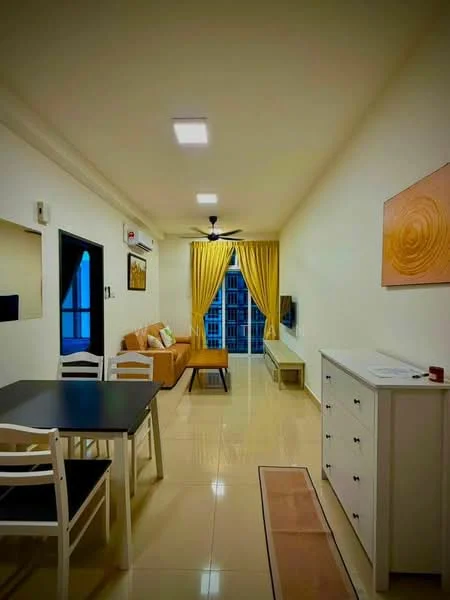 Living features: cream painted walls, glossy tile flooring, 5-blade ceiling fan with light, floor-to-ceiling windows, yellow sheer curtains, orange abstract wall art, sofa in beige, TV console, wall-mounted TV, coffee table, dining table with 4 chairs, sideboard; style: modern; view: city.