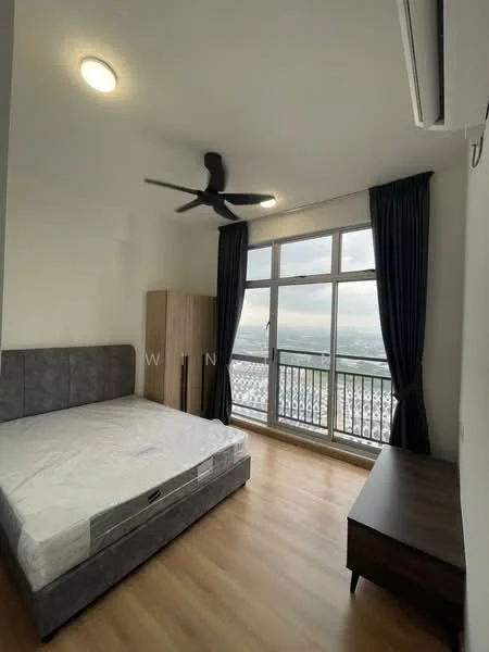 Bedroom features: queen-size bed, upholstered headboard, wooden wardrobe, wooden bedside table, floor-to-ceiling windows, blackout curtains, 5-blade ceiling fan, laminate flooring, city view; style: modern; view: city.