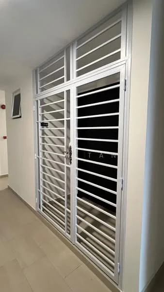 Room features: metal security door with horizontal slats, white painted walls, light-colored tiled flooring, wall-mounted air conditioning unit; style: modern.