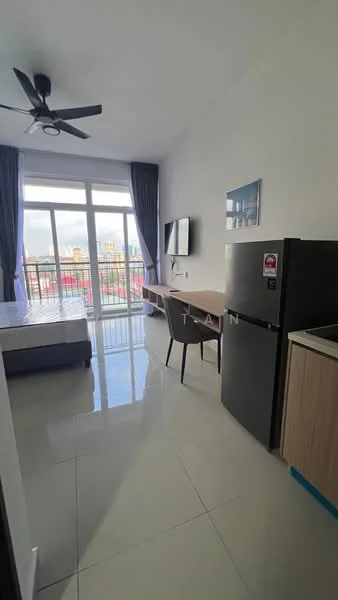 Living features: floor-to-ceiling windows, grey curtains, wall-mounted TV, black refrigerator, wooden dining table, black dining chairs, white walls, glossy tile flooring, ceiling fan with light; style: modern; view: city.