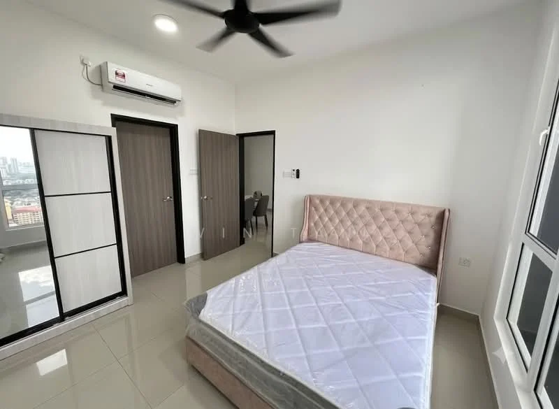 Bedroom features: king-size bed, upholstered headboard in light pink, white mattress, 1 wall-mounted split AC, floor-to-ceiling window, sliding mirror wardrobe, light-colored tiled flooring, recessed downlights, ceiling fan; style: modern; view: city.