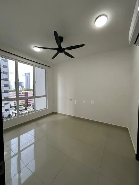 Room features: white painted walls, glossy tile flooring, 5-blade ceiling fan, floor-to-ceiling windows, natural light from windows, window treatments not visible, air conditioning unit on wall, neutral color scheme; style: modern; view: city.