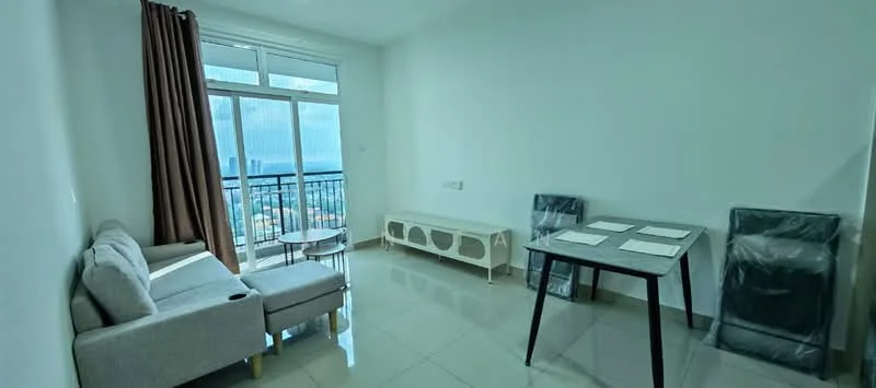 Living features: grey fabric sofa, glass coffee table, 4 dining chairs, white painted walls, glossy tile flooring, floor-to-ceiling windows, curtains in brown, city view; style: modern; view: city.