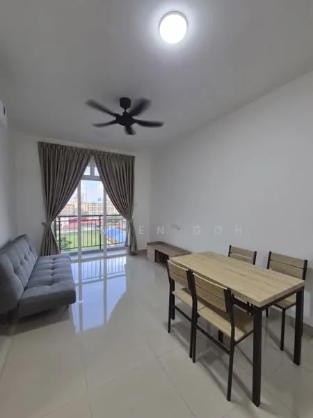 Living features: grey fabric sofa, 4-seater dining table with wooden top, black dining chairs, floor-to-ceiling windows, sheer curtains, white painted walls, polished ceramic tile flooring, ceiling fan with light, TV console, balcony view; style: modern; view: city.