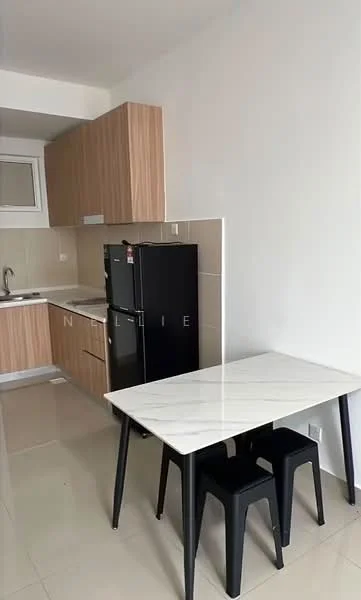 Kitchen features: laminate cabinetry in light wood finish, white tiled backsplash, stainless-steel sink, chrome pull-down faucet, built-in oven, freestanding black fridge, white marble countertop, ceramic tile flooring, window above sink, 2-seater dining table, black plastic stools; style: modern.