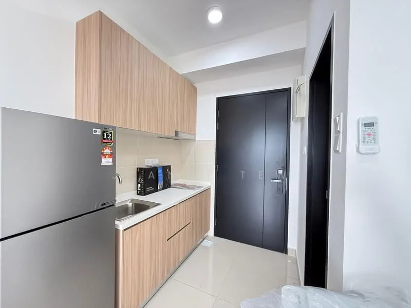 Kitchen features: stainless-steel fridge, built-in microwave, single-bowl stainless-steel sink, chrome pull-down faucet, white laminate countertop, wood cabinetry with light wood finish, ceramic tile backsplash, wall-mounted air conditioning unit, recessed downlights, cream tiled flooring, black door, white walls; style: modern.