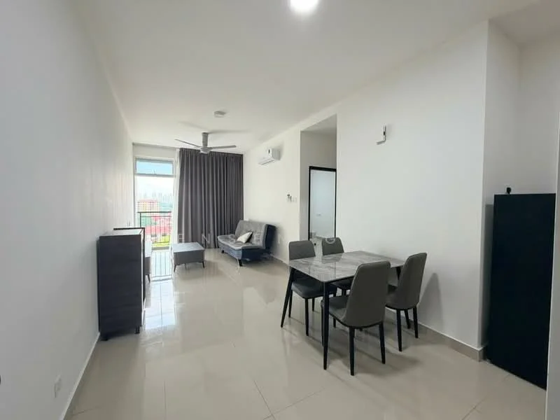 Living features: white painted walls, glossy tile flooring, 5-blade ceiling fan with light, sofa bed in grey, dining table with marble top, 4 dining chairs in grey, air conditioning unit, floor-to-ceiling window with sheer curtains, balcony access, TV console in dark wood; style: modern; view: city.