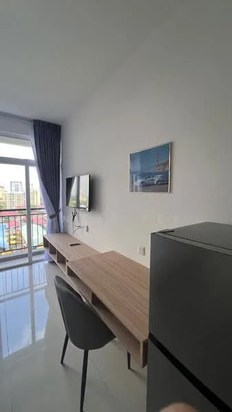 Room features: white painted walls, glossy tile flooring, floor-to-ceiling windows, curtains, wooden desk, black chair, wall-mounted TV, fridge; style: modern; view: city.